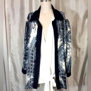 2 pc: Dressbarn Paisley Open blue/white blouse+Shein Wrap White Top, 24